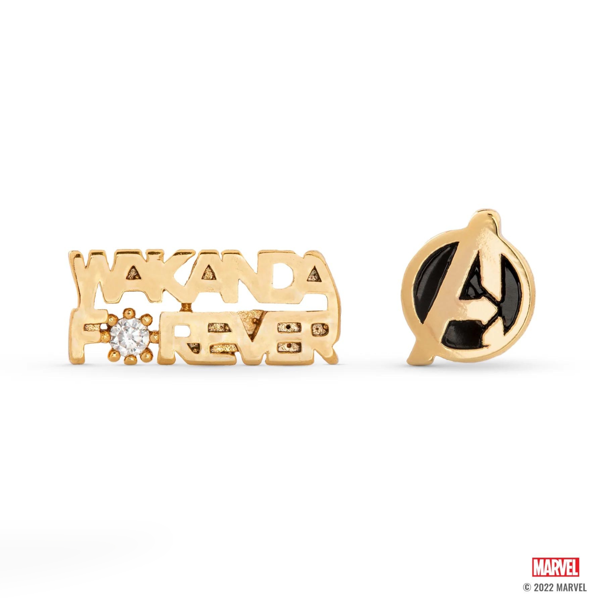 Wakanda Forever \u0026 Avengers Logo Marvel Black Panther Gold Mismatch Stud Earrings